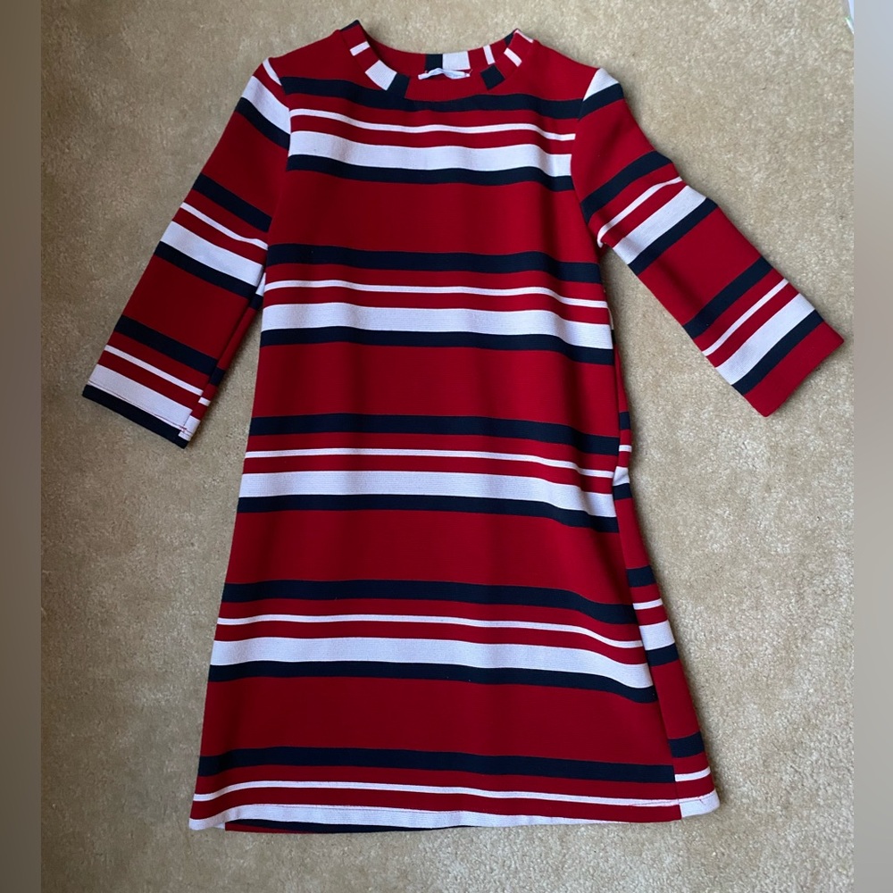 Zara Mini Shift Dress Black Red White Stripe Sleeves Nautical Coastal Size Small